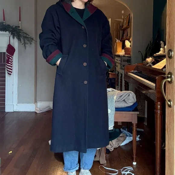 Cabin Creek Navy and Green Wool Trench Coat with Hood Burgundy Accents Size 6 - Picture 1 of 10